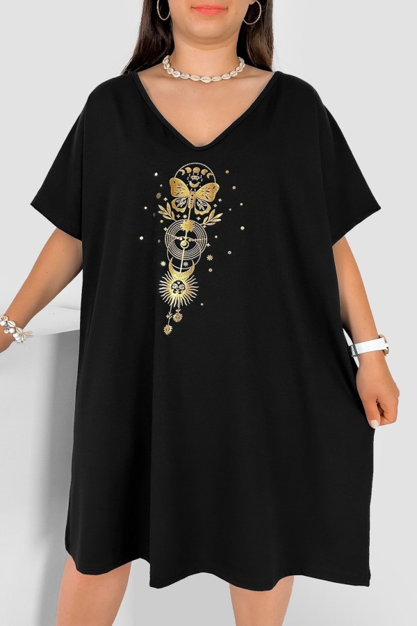 Bawełniana trapezowa sukienka plus size w kolorze czarnym złoty nadruk motyl słońce Katty