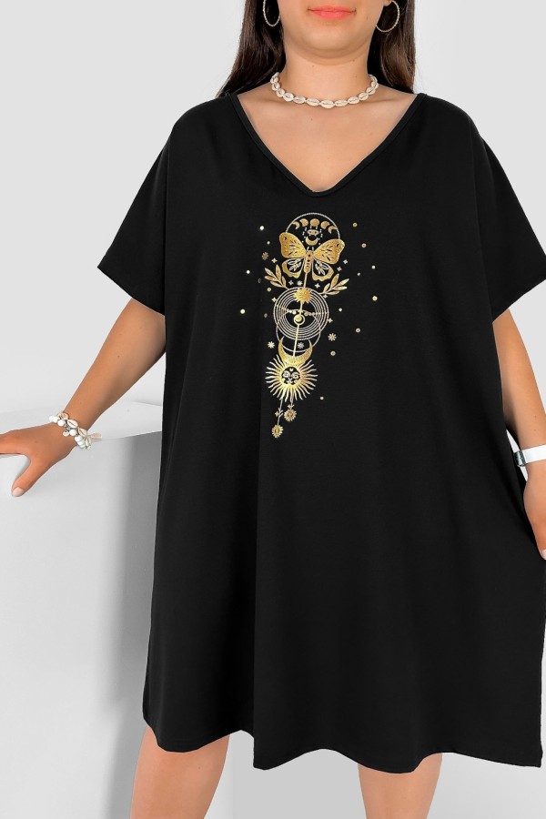 Bawełniana trapezowa sukienka plus size w kolorze czarnym złoty nadruk motyl słońce Katty 1
