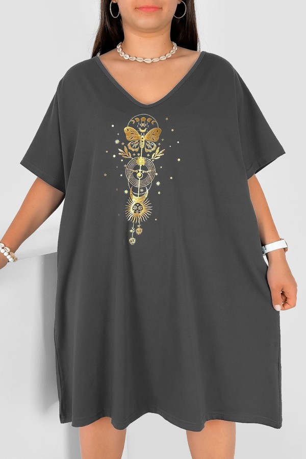 Bawełniana trapezowa sukienka plus size w kolorze grafitowym złoty nadruk motyl słońce Katty
