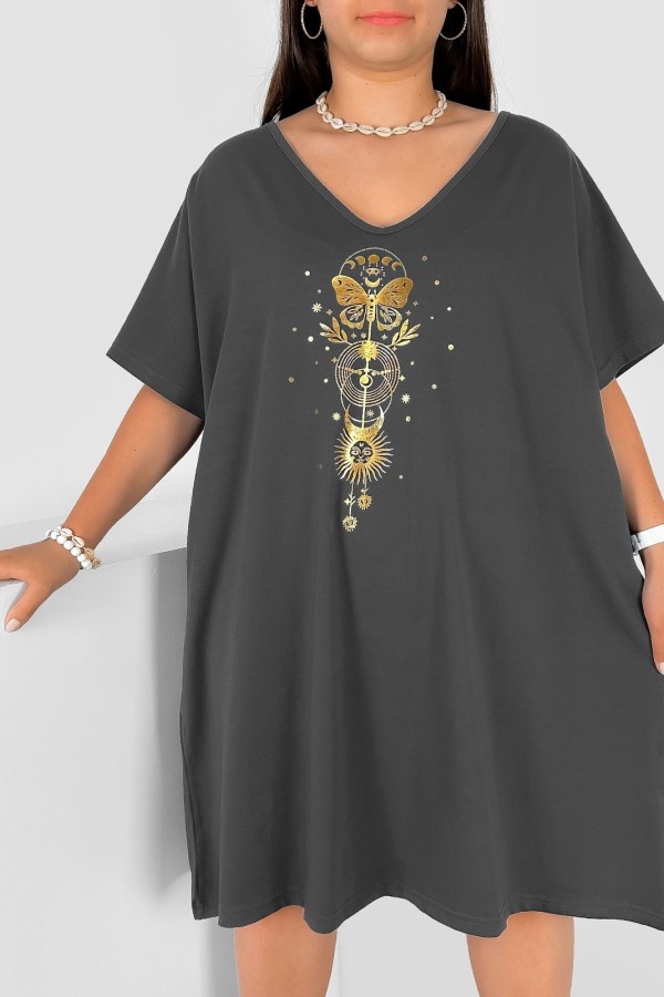Bawełniana trapezowa sukienka plus size w kolorze grafitowym złoty nadruk motyl słońce Katty 1