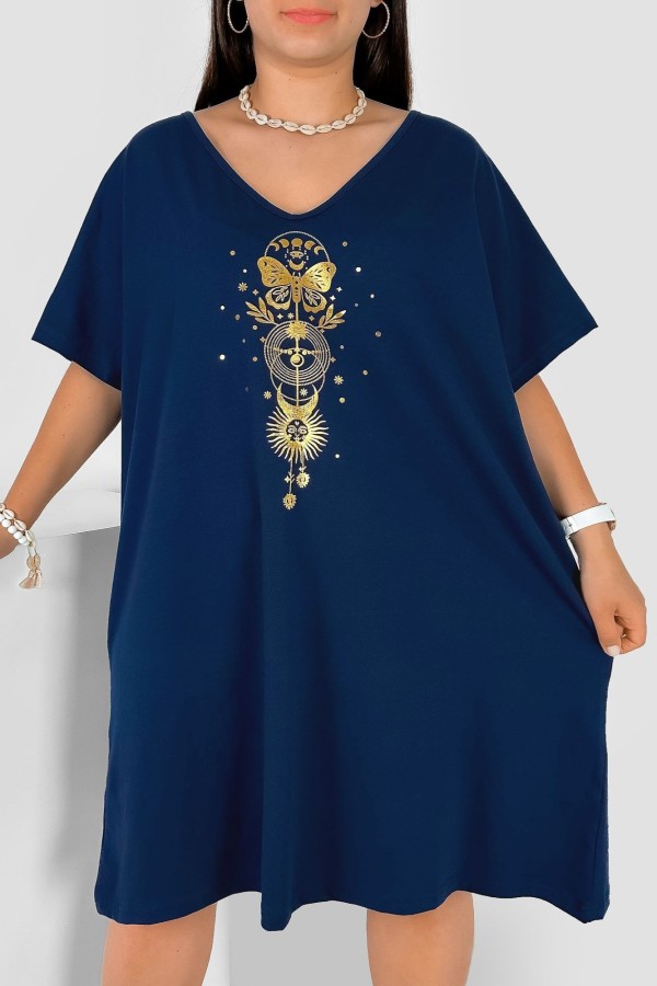Bawełniana trapezowa sukienka plus size w kolorze granatowym złoty nadruk motyl słońce Katty