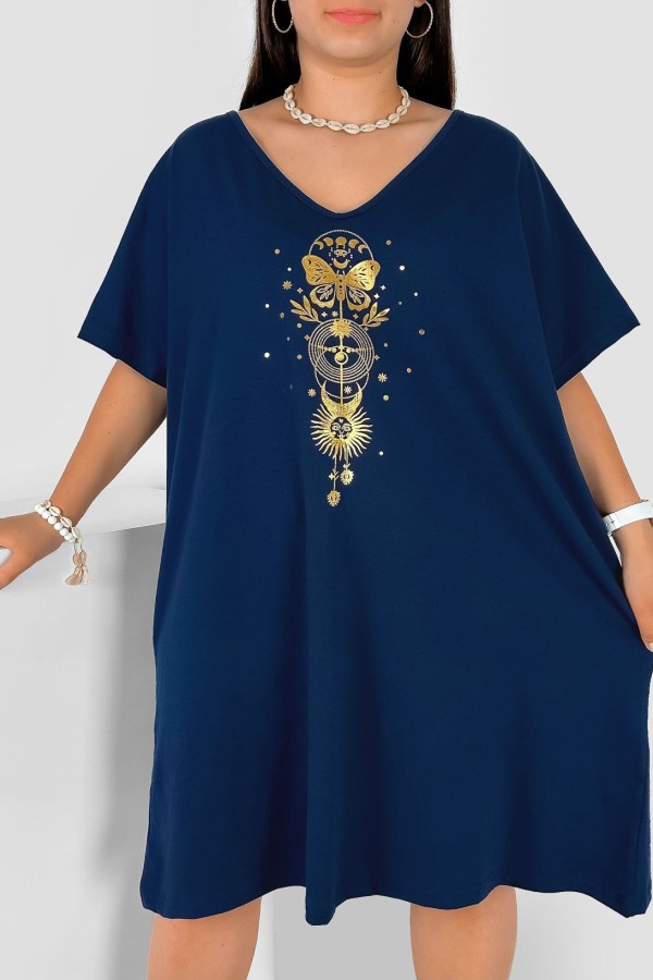 Bawełniana trapezowa sukienka plus size w kolorze granatowym złoty nadruk motyl słońce Katty 1