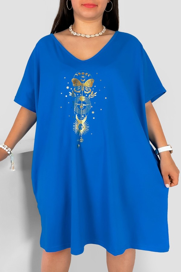 Bawełniana trapezowa sukienka plus size w kolorze niebieskim złoty nadruk motyl słońce Katty