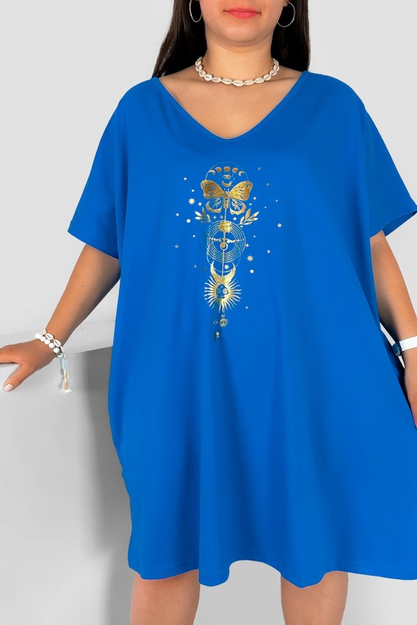 Bawełniana trapezowa sukienka plus size w kolorze niebieskim złoty nadruk motyl słońce Katty 1