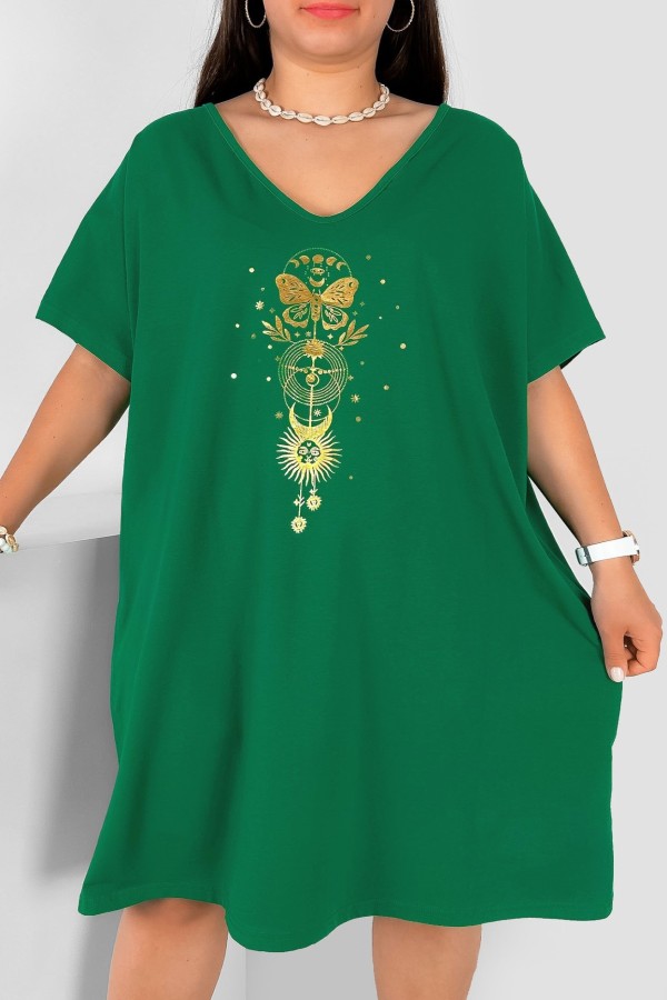 Bawełniana trapezowa sukienka plus size w kolorze zielonym złoty nadruk motyl słońce Katty