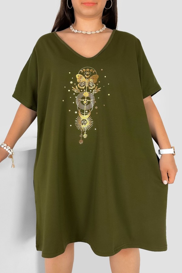 Bawełniana trapezowa sukienka plus size w kolorze khaki złoty nadruk motyl słońce Katty 2