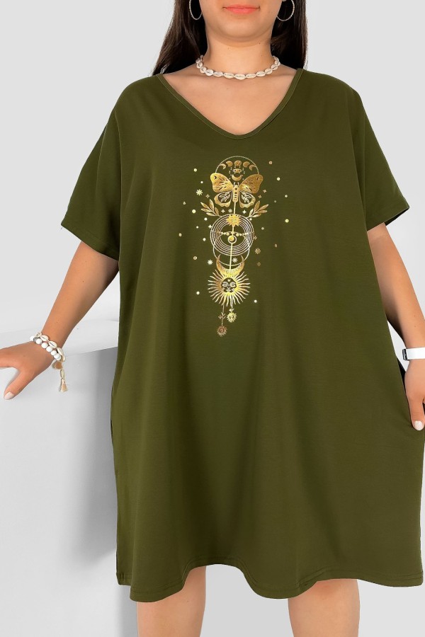 Bawełniana trapezowa sukienka plus size w kolorze khaki złoty nadruk motyl słońce Katty 1