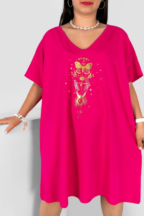 Bawełniana trapezowa sukienka plus size w kolorze fuksji złoty nadruk motyl słońce Katty 1