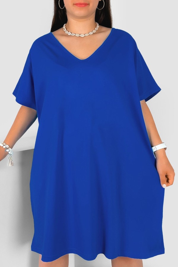 Bawełniana trapezowa sukienka plus size w kolorze kobaltowym kieszenie Hariett