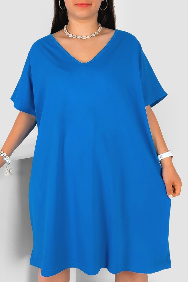 Bawełniana trapezowa sukienka plus size w kolorze niebieskim kieszenie Hariett
