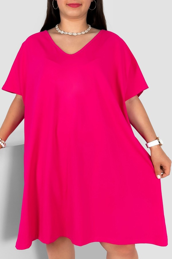 Bawełniana trapezowa sukienka plus size w kolorze różowym kieszenie Hariett