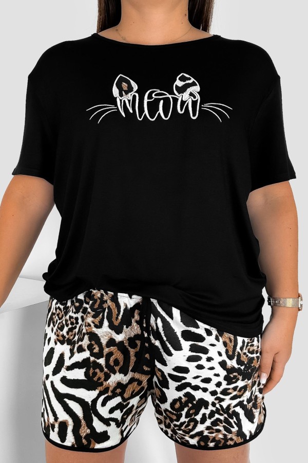 Piżama damska plus size w kolorze czarnym komplet t-shirt + szorty panterka USZKA MEOW