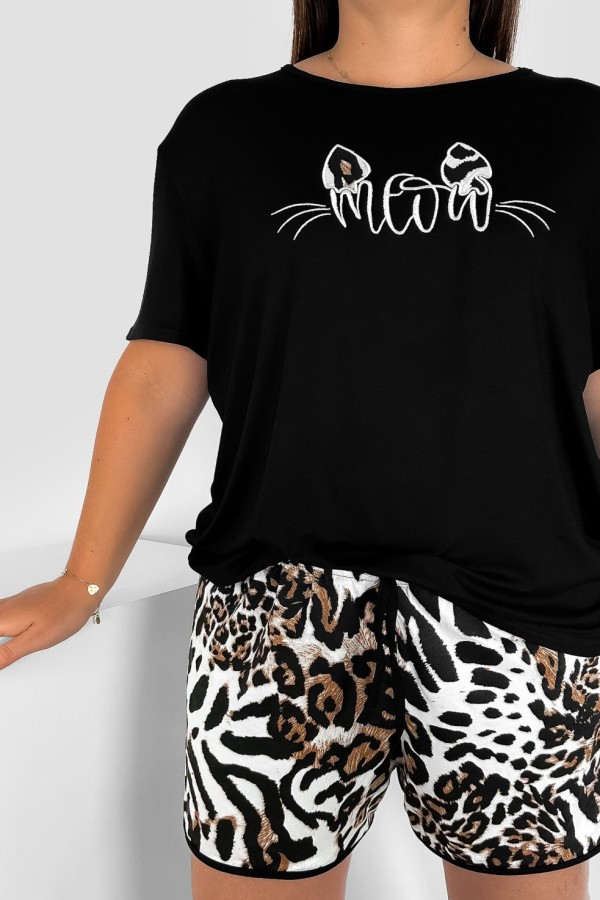 Piżama damska plus size w kolorze czarnym komplet t-shirt + szorty panterka USZKA MEOW 1