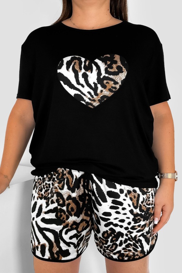 Piżama damska plus size w kolorze czarnym komplet t-shirt + szorty panterka SERCE