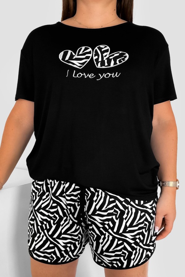 Piżama damska plus size w kolorze czarnym komplet t-shirt + szorty zebra DWA SERDUSZKA