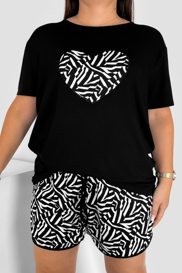 Piżama damska plus size w kolorze czarnym komplet t-shirt + szorty zebra SERCE
