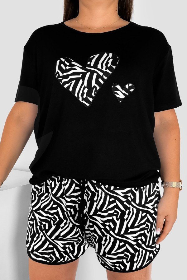 Piżama damska plus size w kolorze czarnym komplet t-shirt + szorty zebra SERCA