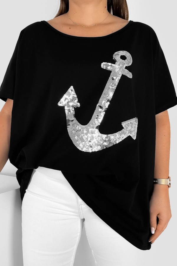 Bluzka damska T-shirt plus size w kolorze czarnym srebrne cekiny kotwica