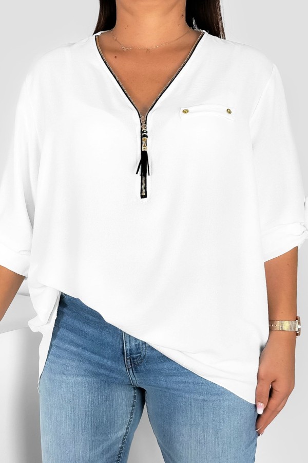 Elegancka bluzka koszula w kolorze białym dekolt zamek ZIP secret