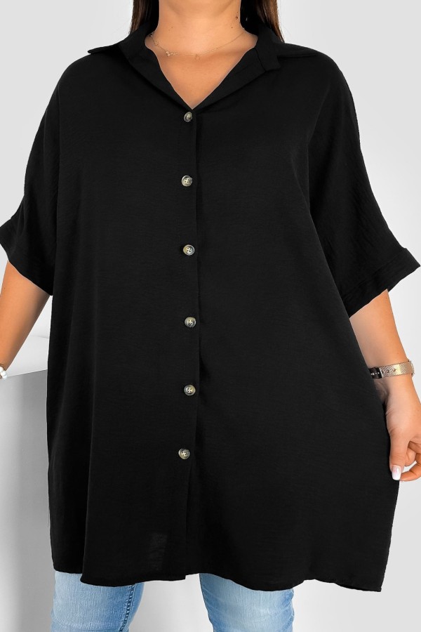 Koszula damska tunika plus size w kolorze czarnym krótki rękaw guziki Almira