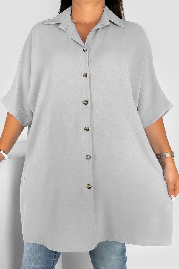 Koszula damska tunika plus size w kolorze szarym krótki rękaw guziki Almira