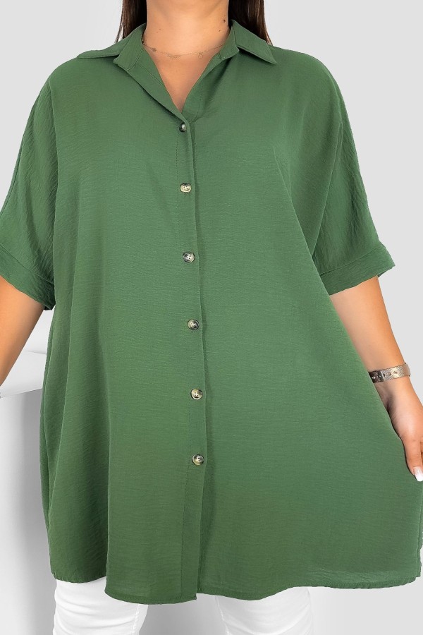 Koszula damska tunika plus size w kolorze khaki krótki rękaw guziki Almira
