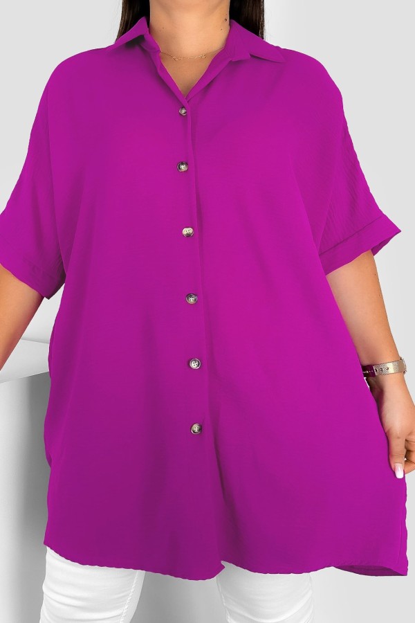 Koszula damska tunika plus size w kolorze magenta krótki rękaw guziki Almira