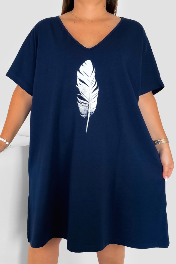 Bawełniana trapezowa sukienka plus size w kolorze granatowym pióro Feather