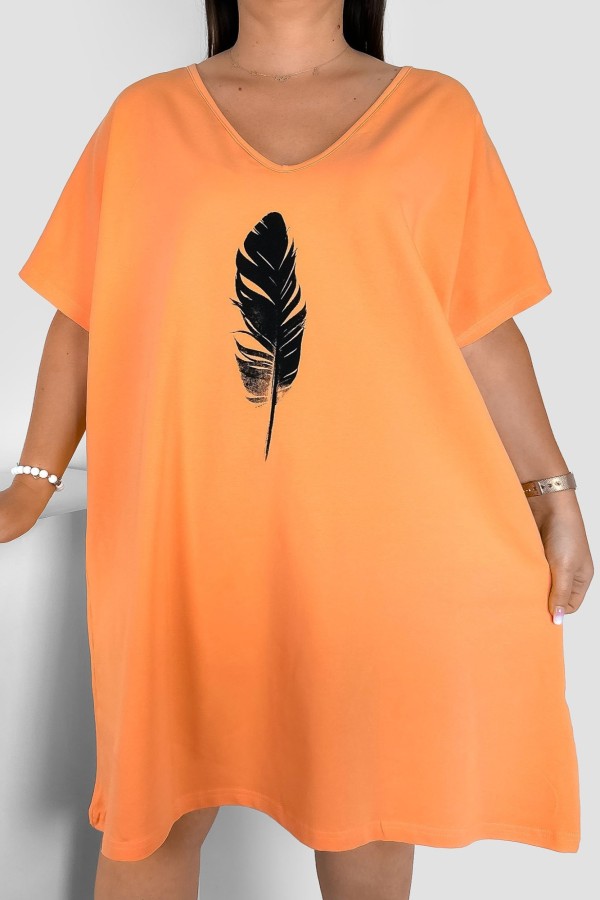 Bawełniana trapezowa sukienka plus size w kolorze brzoskwiniowym pióro Feather
