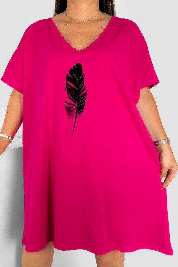 Bawełniana trapezowa sukienka plus size w kolorze fuksji pióro Feather