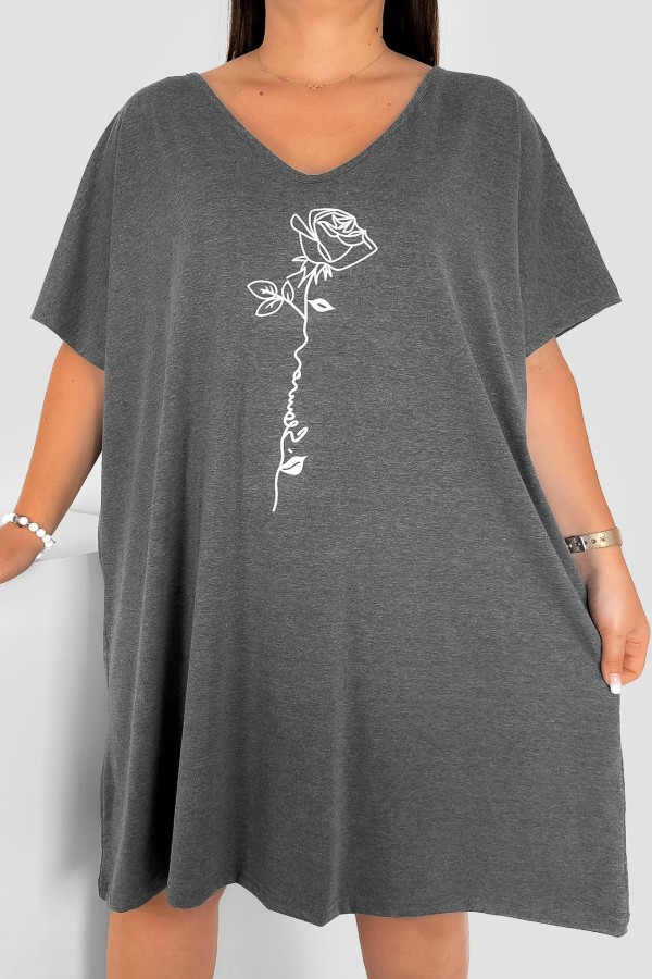 Bawełniana trapezowa sukienka plus size w kolorze grafitowego melanżu róża Rose 2
