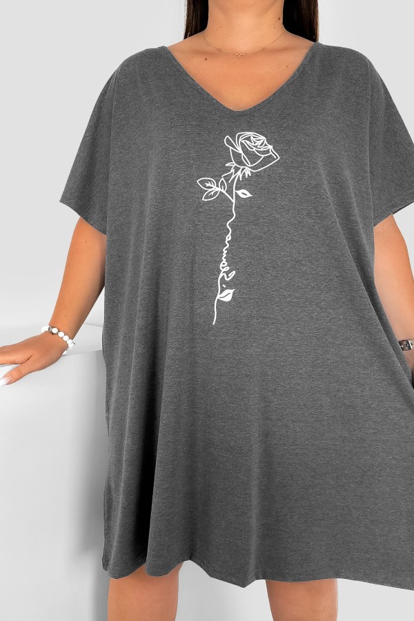 Bawełniana trapezowa sukienka plus size w kolorze grafitowego melanżu róża Rose 1