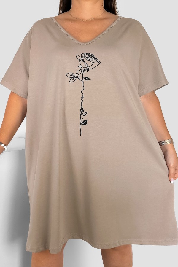 Bawełniana trapezowa sukienka plus size w kolorze beżowym róża Rose
