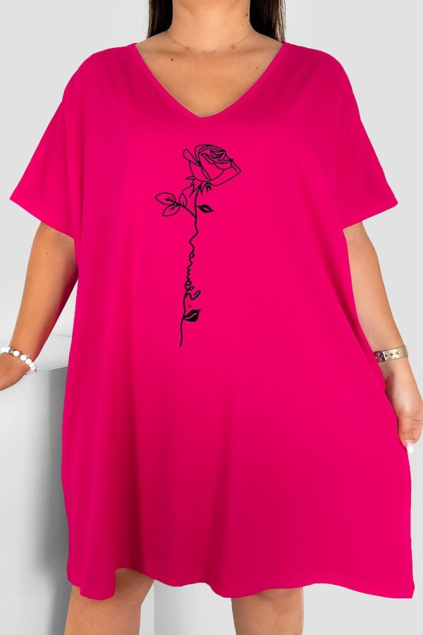 Bawełniana trapezowa sukienka plus size w kolorze fuksji róża Rose