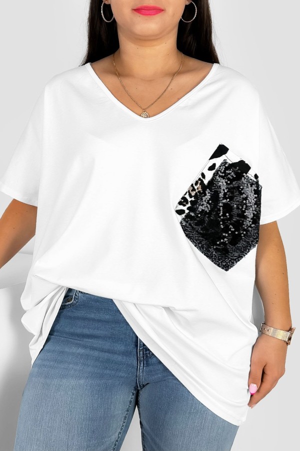 Bluzka damska T-shirt plus size w kolorze białym podwójna kieszeń gepard cekiny