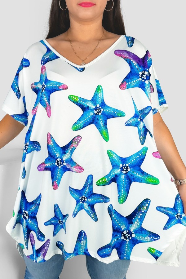 Tunika damska plus size nietoperz multikolor wzór niebieskie rozgwiazdy Emilly