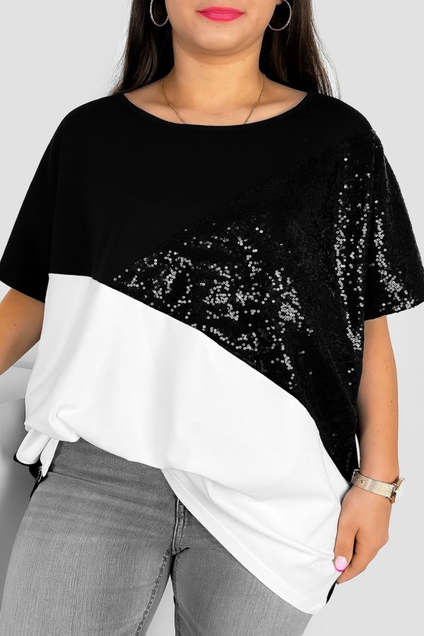 Bluzka damska T-shirt plus size łączone kolory czarny biały cekiny Iris