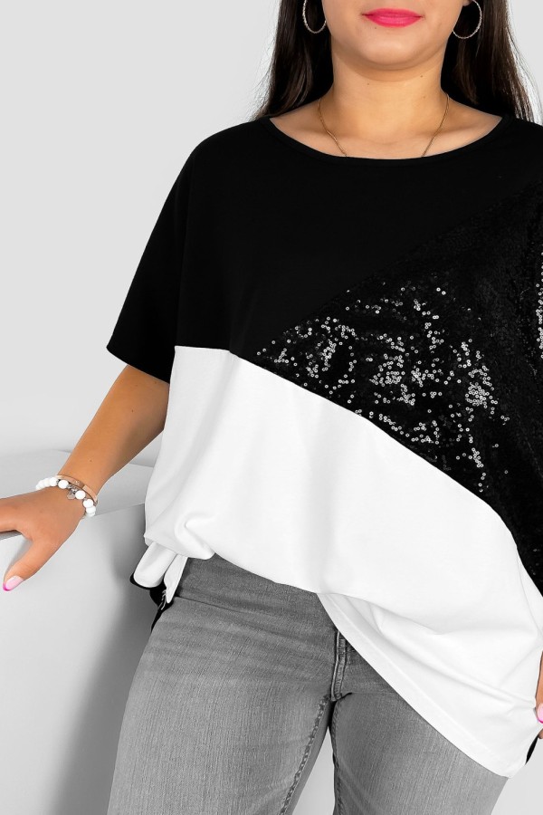 Bluzka damska T-shirt plus size łączone kolory czarny biały cekiny Iris 1