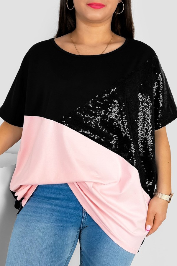 Bluzka damska T-shirt plus size łączone kolory czarny pudrowy cekiny Iris