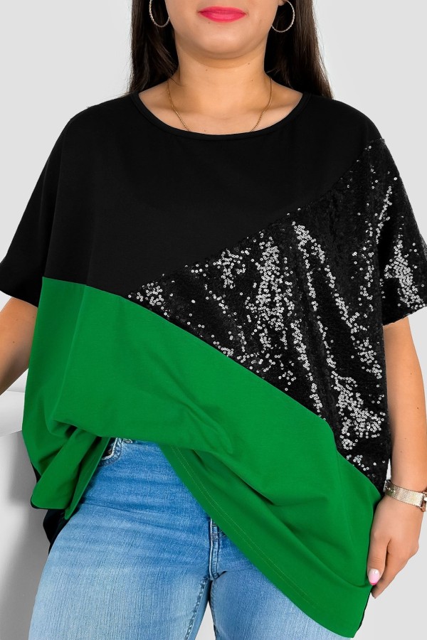Bluzka damska T-shirt plus size łączone kolory czarny zielony cekiny Iris
