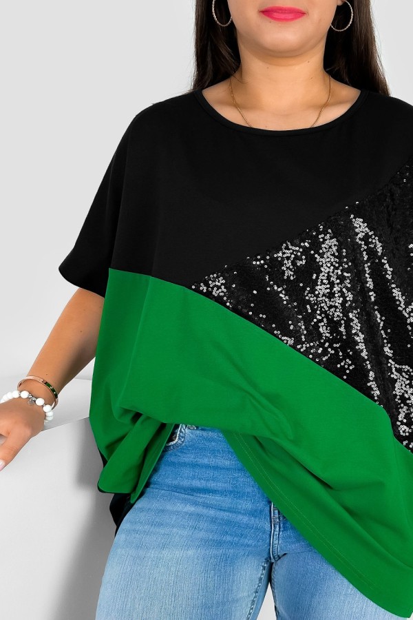 Bluzka damska T-shirt plus size łączone kolory czarny zielony cekiny Iris 1