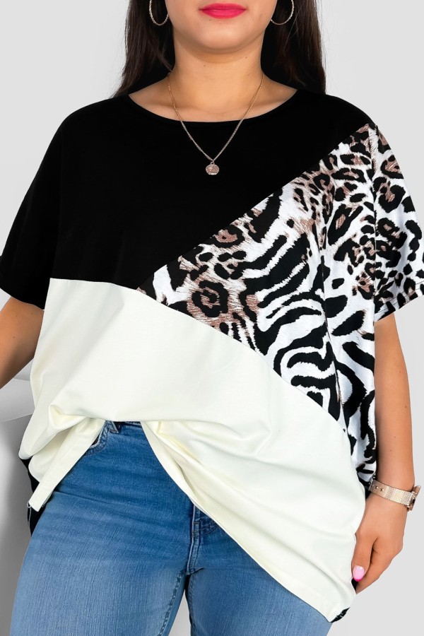 Bluzka damska T-shirt plus size łączone kolory czarny ecru wzór zwierzęcy Navi