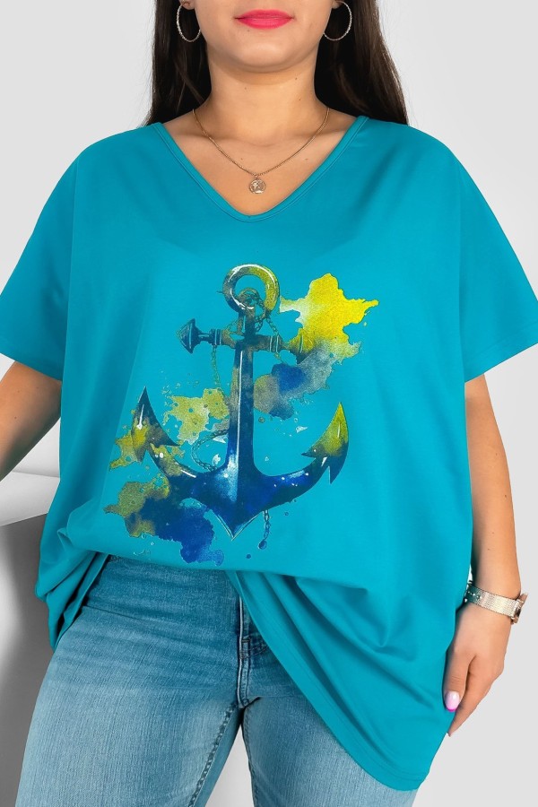 Bluzka damska T-shirt plus size w kolorze morskim print niebiesko żółta kotwica