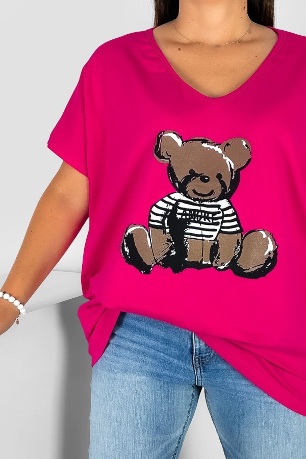 Bluzka damska T-shirt plus size w kolorze fuksji nadruk miś teddy 1