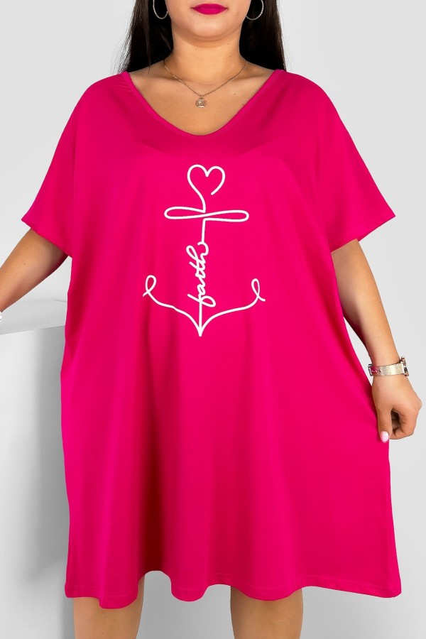 Bawełniana trapezowa sukienka plus size w kolorze fuksji serduszko kotwica