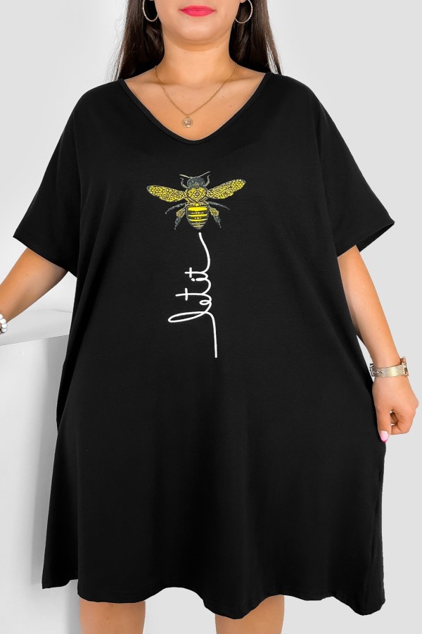 Bawełniana trapezowa sukienka plus size w kolorze czarnym pszczółka Arinna