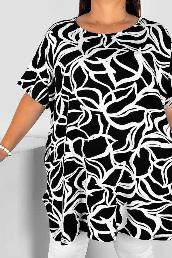 Bluzka tunika plus size krótki rękaw oversize rozcięcia biały abstrakcyjny wzór 1