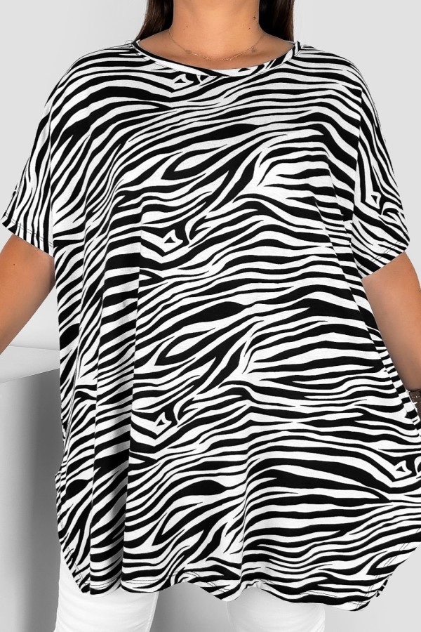 Bluzka tunika plus size krótki rękaw oversize rozcięcia wzór zebra