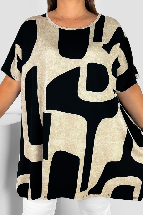 Bluzka tunika plus size krótki rękaw oversize rozcięcia beżowy abstrakcyjny wzór