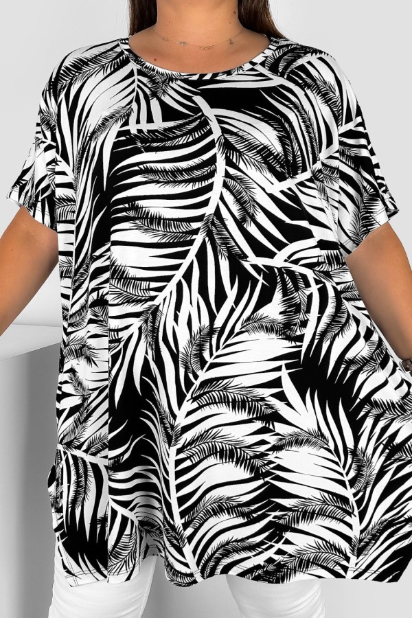 Bluzka tunika plus size krótki rękaw oversize rozcięcia wzór białe liście palmy